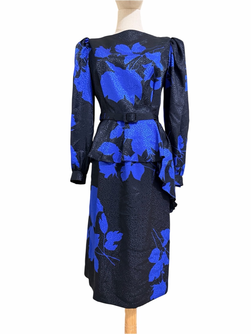 Vintage Lizzy & Johnny by Lucero Floral Midi Dress Black & Blue Belt Women’s 8